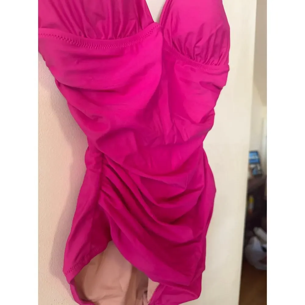 NWT J. Crew Ruched V-neck One-Piece Swimsuit Women's 6 Radiant Fuchsia Pink